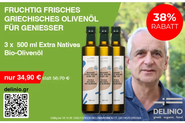 38% RABATT | FRUCHTIG FRISCHES GRIECHISCHES OLIVENÖL FÜR GENIESSER |  3 × 500 ml Extra Natives Bio-Olivenöl